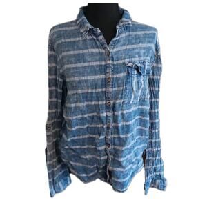 Love Fire Long Sleeve Striped Chambray Blouse Blue Linen Cotton Blend LARGE